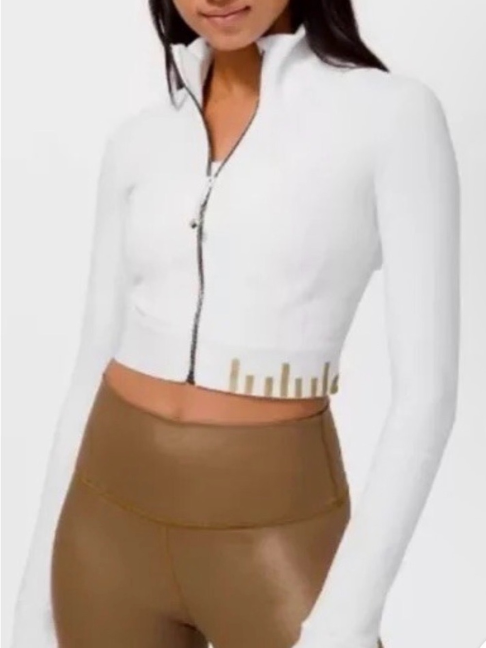 lululemon athletica White Cropped Zip-Front Long Sleeve Top with Gold Accent